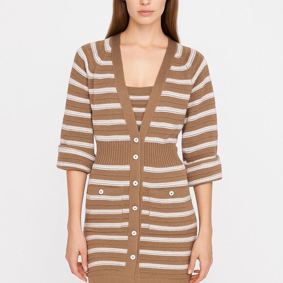 Chanel cashmere tan white striped dress size 38